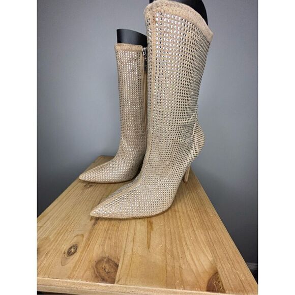 Schutz Women's Sybil Suede & Rhinestone Stilleto Heel‎ Mid-Calf Bootie Tan 9.5B - Picture 1 of 8